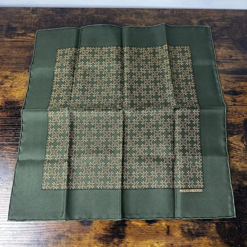 Hermes Silk Square Scarf 16.5” Green Twill Geometric Pattern Print